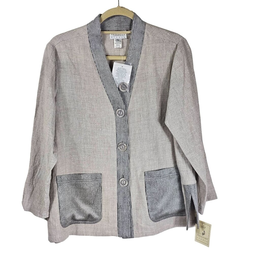 Freeport Studio Linen Cardigan Jacket XSP Chenille Pockets Coastal Grandma Artsy
